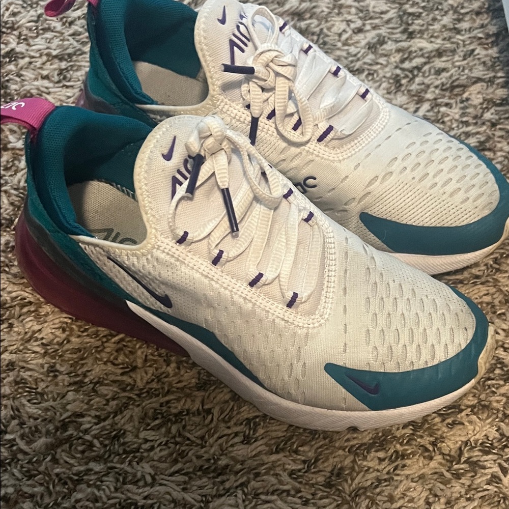 Nike Kids' White and Teal Sneakers with Purple Accents